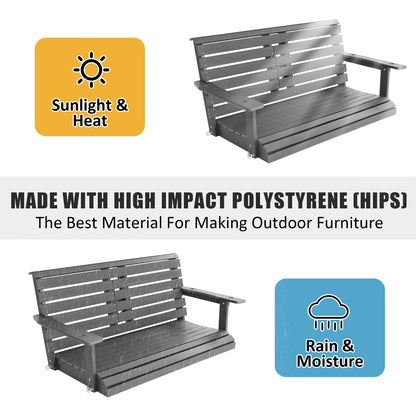 Poly Lumber 2-Seat Porch Swing, HIPS 4.5-Feet Bench Swing with Foldable Cup Holders,18/8 Stainless Steel Hardware, High Backrest and Deep Contoured Seat (Gray, 4.5-feet)