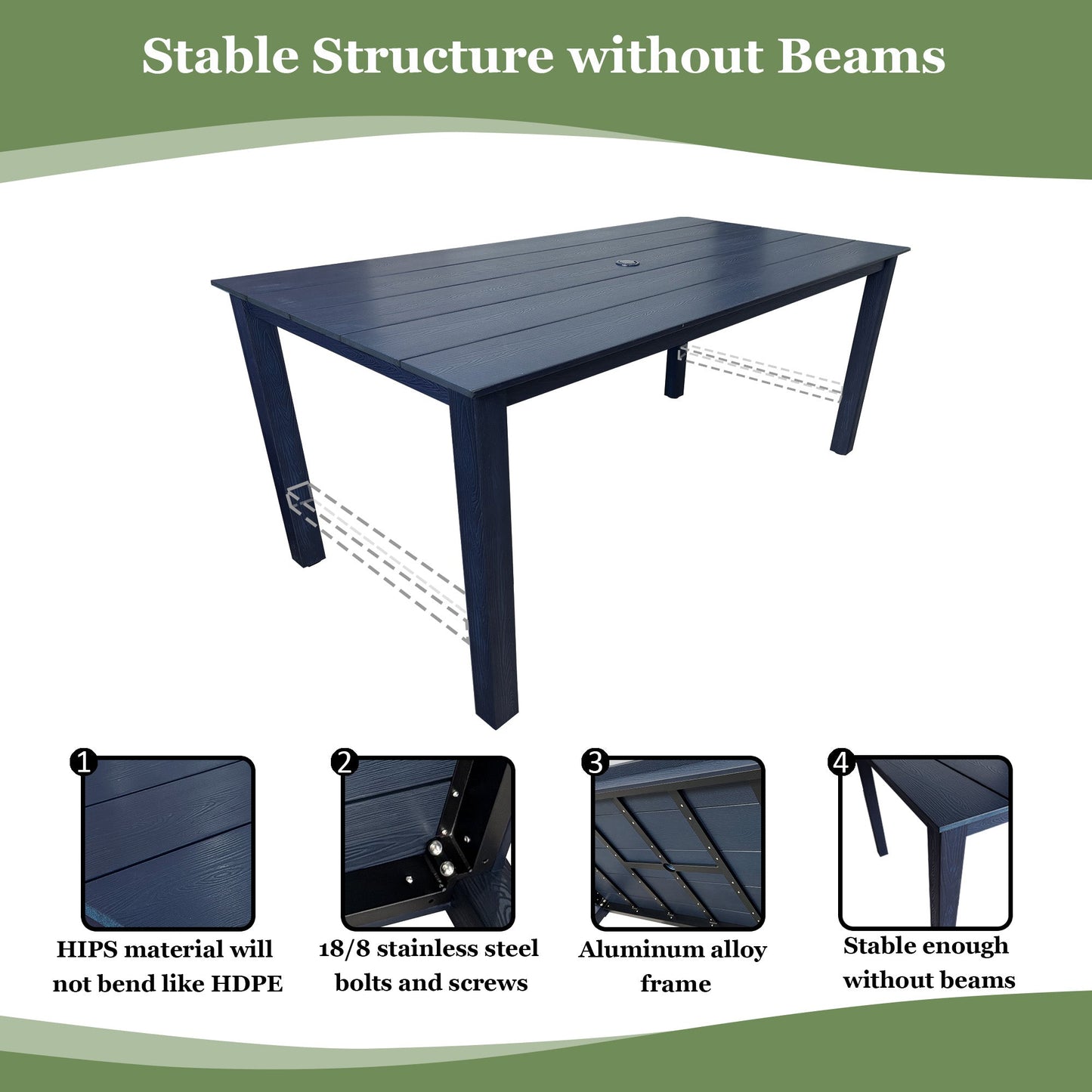 70.9-Inches Poly Lumber Outdoor Dining Table, HIPS Patio Dining Table with Umbrella Hole, Weather Resistant (Navy Blue, 1 Piece)