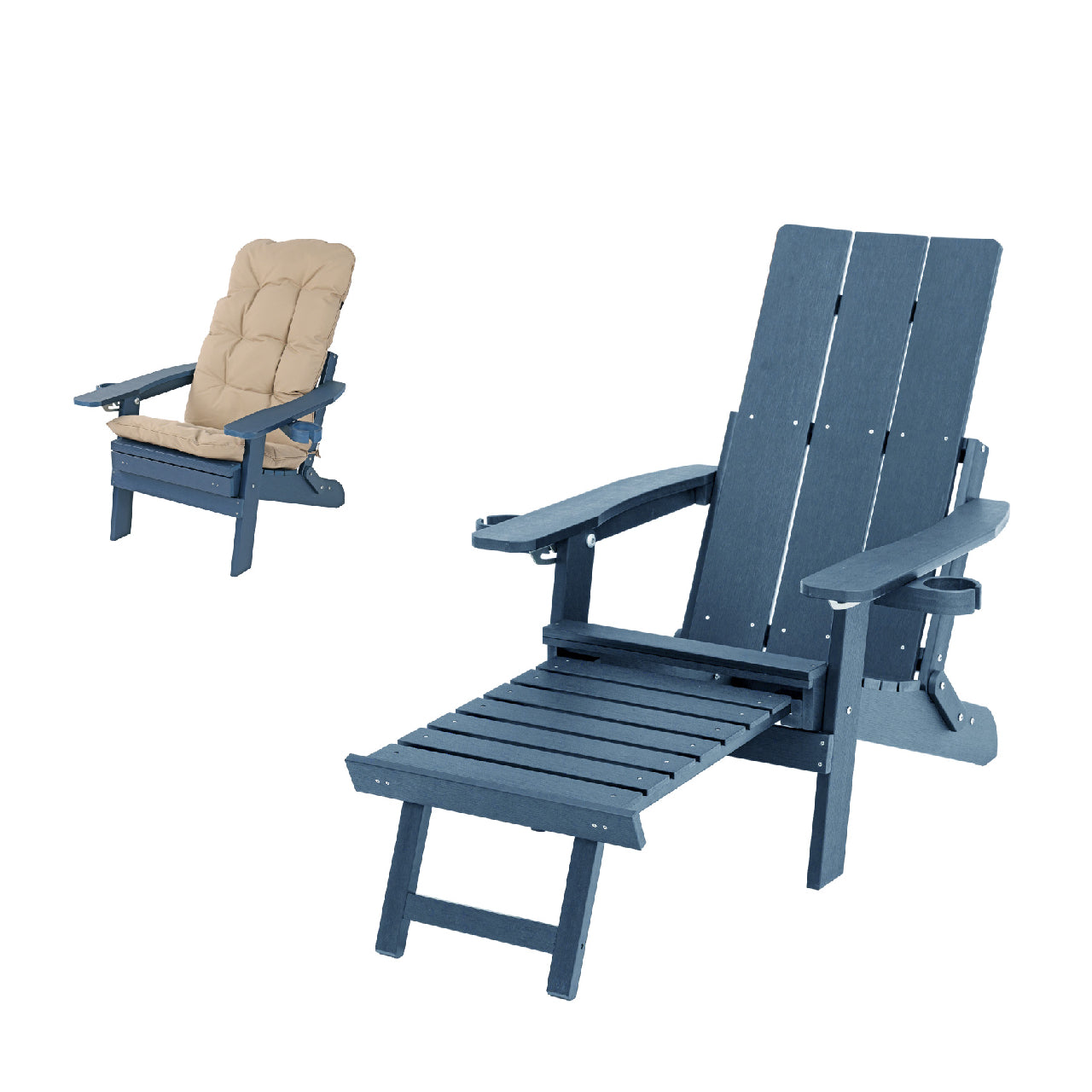 Poly Lumber Adirondack Chair with Cup Holders, Ottoman and Cushion, Adjustable Backrest, All-Weather Resistant HIPS Material, Wood-Like Pattern, Heavy Duty 700 LBS (Navy Blue)