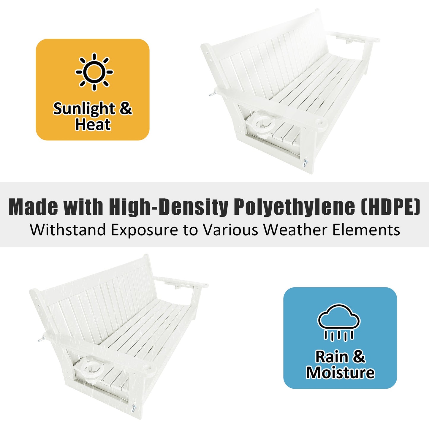 HDPE 3-Seater Porch Swing, 5-Feet Bench Swing with Foldable Cup Holders,18/8 Stainless Steel Hardware, High Backrest and Deep Contoured Seat (White, 5-feet)