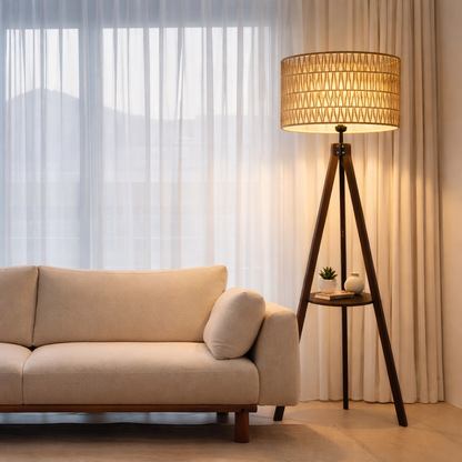 Fortune Candy 59'' Tall Boho Tripod Floor Lamp, Mid-Century Modern Wood Standing Lamp with Rattan and Fabric Shades for Home, 1 Pallet - Foot Switch