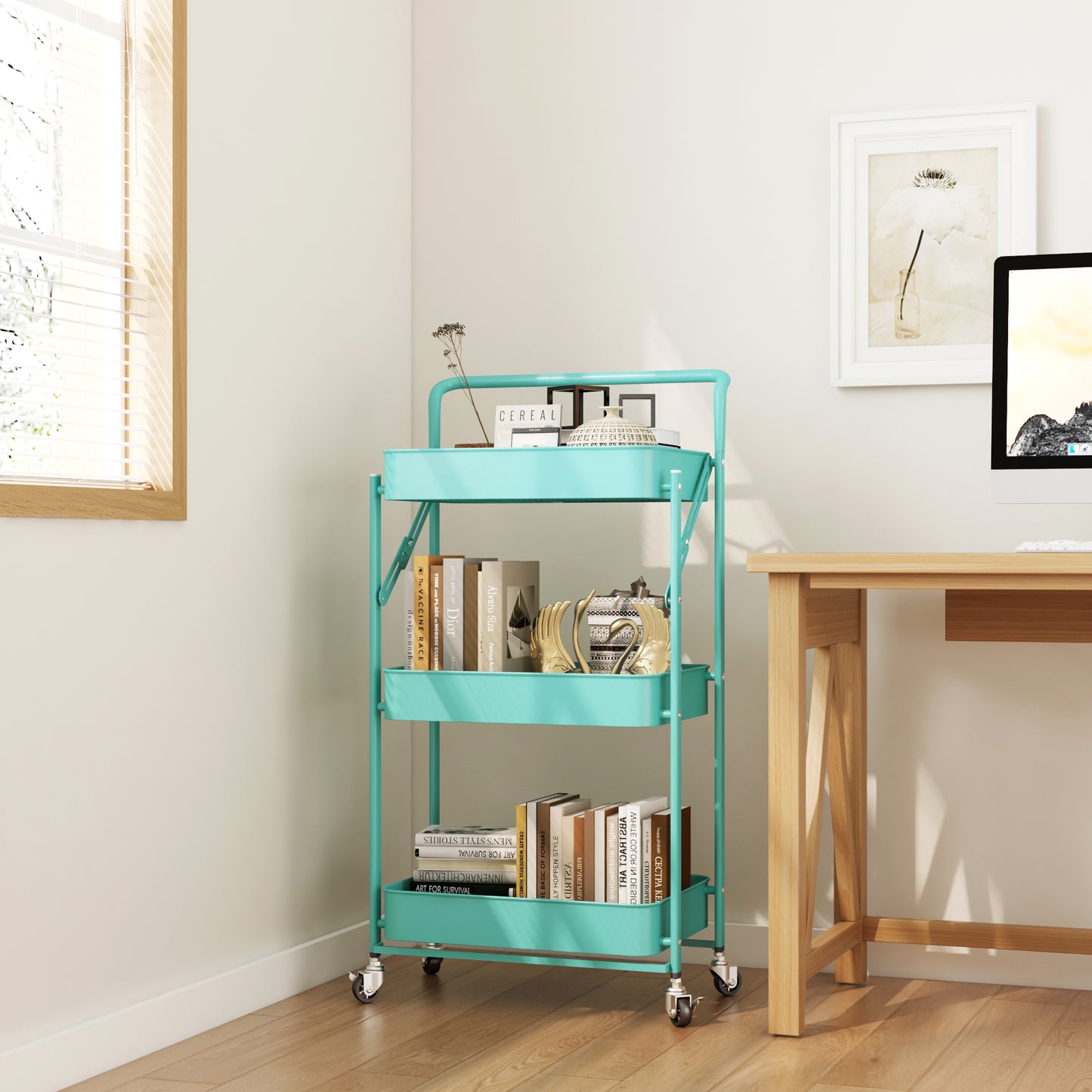 Fortune Candy Foldable 3-Tier Rolling Utility Cart, No-Assembly Multipurpose Storage Organizer with Handle for Home or Office, Green