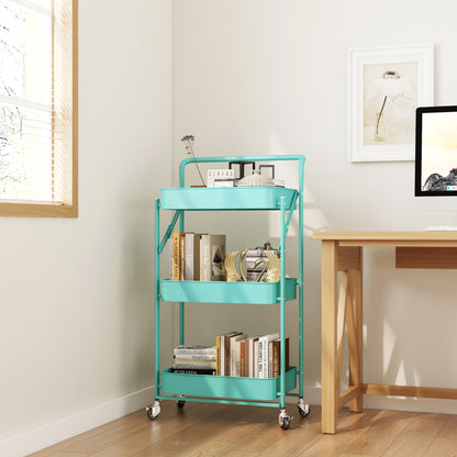 Fortune Candy Foldable 3-Tier Rolling Utility Cart, No-Assembly Multipurpose Storage Organizer with Handle for Home or Office, Green