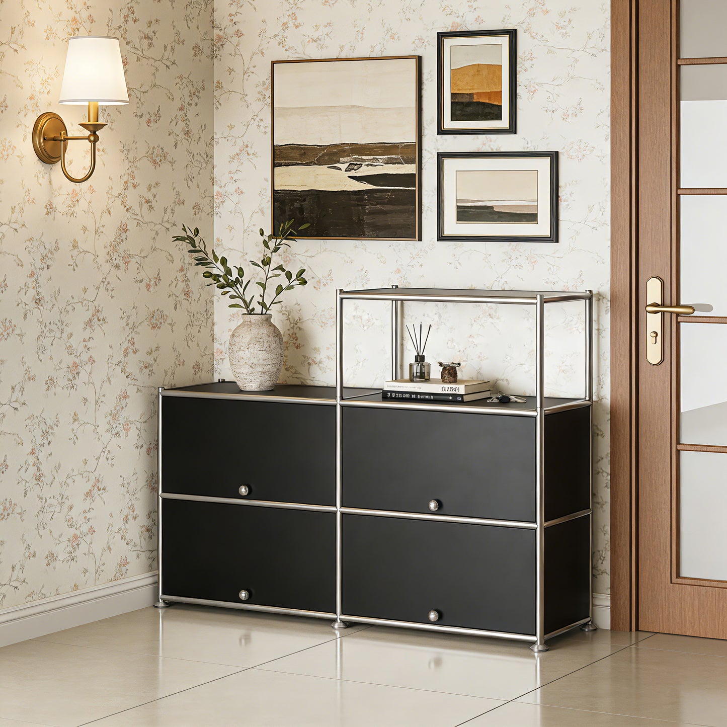 Fortune Candy 4-Door Modular Metal Sideboard with Open Shelf, Modern Twin-Row Grid Cabinet for Dining or Living Room, Office, Black