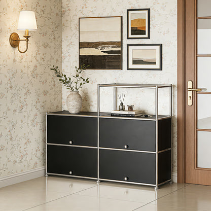 Fortune Candy 4-Door Modular Metal Sideboard with Open Shelf, Modern Twin-Row Grid Cabinet for Dining or Living Room, Office, Black