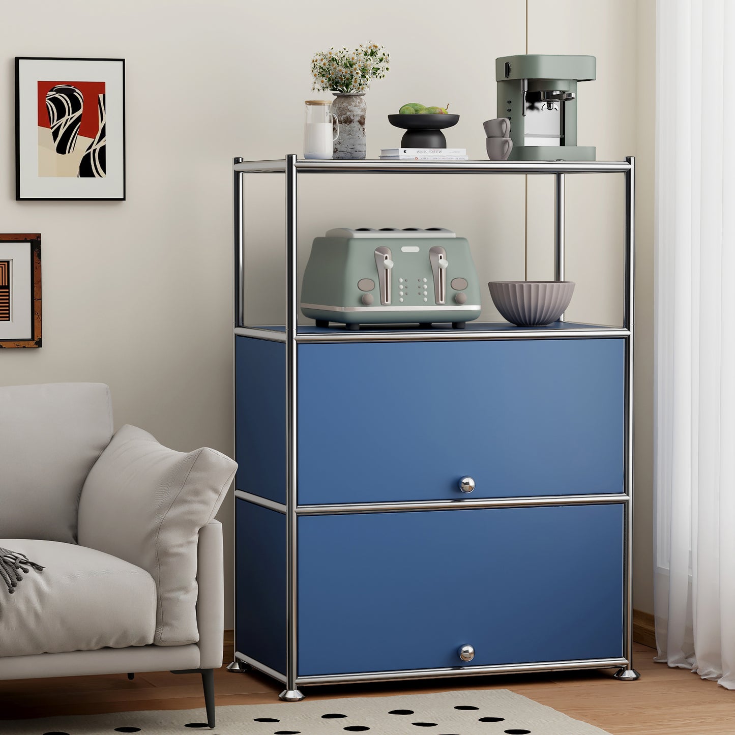 Fortune Candy 3 Tier Modular Metal Storage Cabinet, Modern Grid-Style Organizer for Dining Room, Living Room or Office, Blue