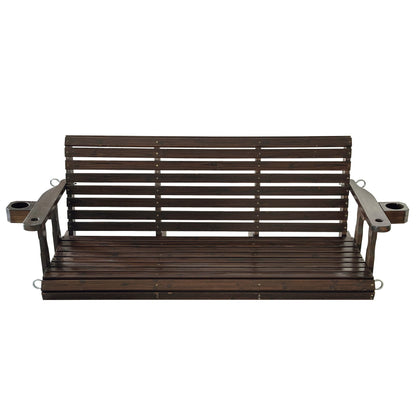 Fortune Candy Extended 3-Seater Wooden Porch Swing with Seat Cushion, Cup Holders, Hanging Chains and 7mm Springs, Heavy Duty 880 LBS (Deep Brown, 5.5 FT)