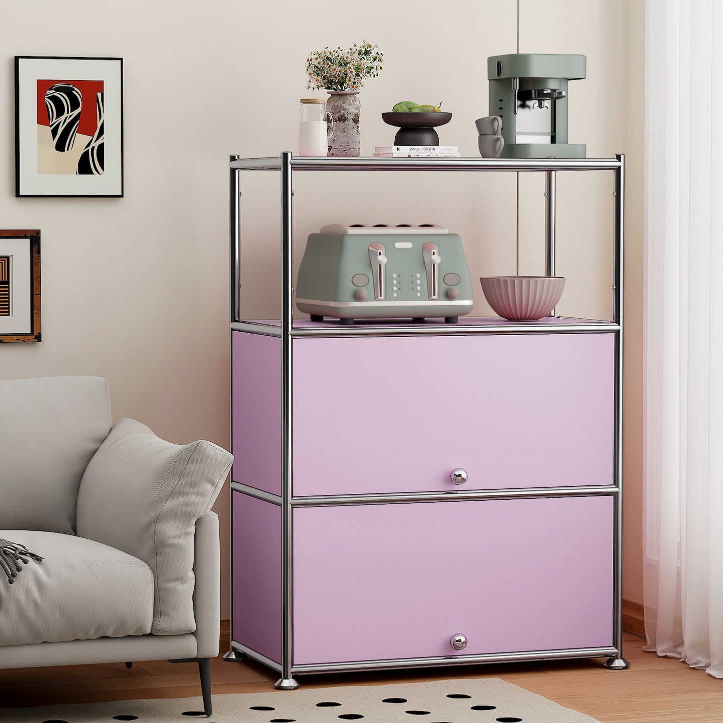 Fortune Candy 3 Tier Modular Metal Storage Cabinet, Modern Grid-Style Organizer for Dining Room, Living Room or Office, Pink
