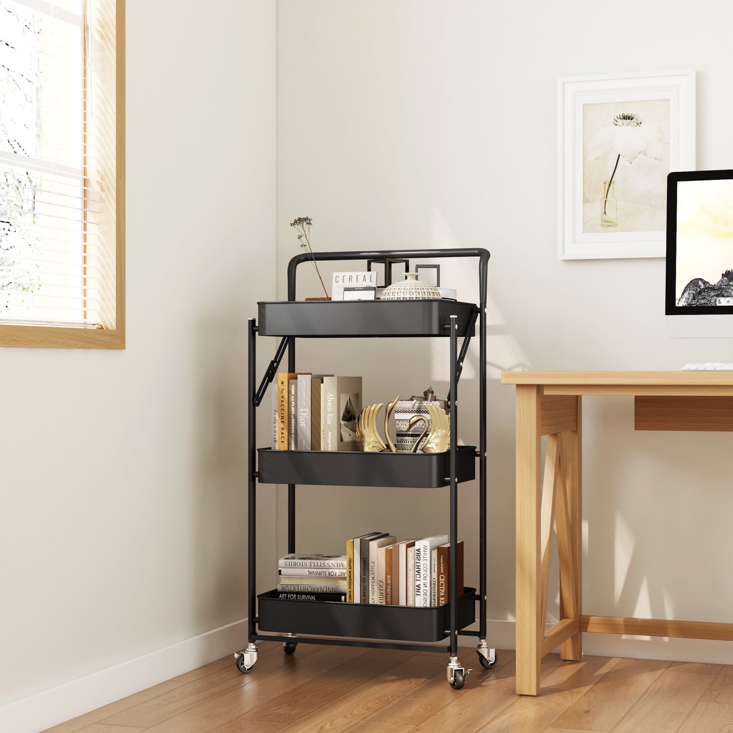 Fortune Candy Foldable 3-Tier Rolling Utility Cart, No-Assembly Multipurpose Storage Organizer with Handle for Home or Office, Black