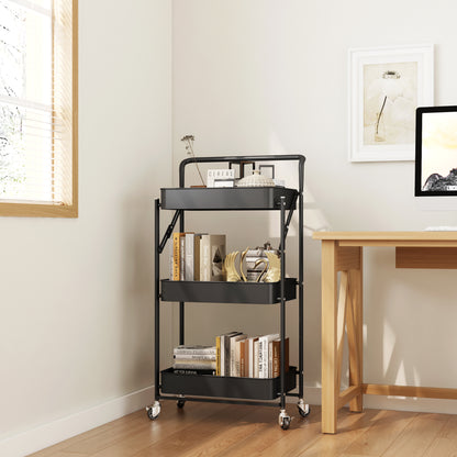 Fortune Candy Foldable 3-Tier Rolling Utility Cart, No-Assembly Multipurpose Storage Organizer with Handle for Home or Office, Black