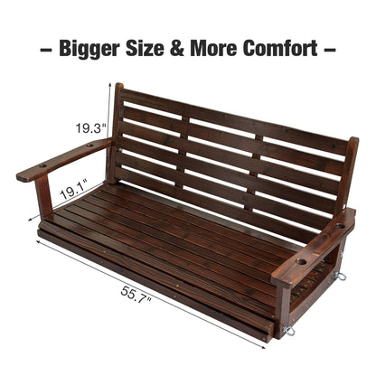 Fortune Candy Wooden Porch Swing 2-Seater Extra Large, Ergonomic Seat, Bench Swing with Hanging Chains, for Outdoor Patio Garden Yard (Deep Brown)