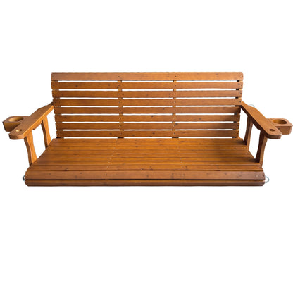 Fortune Candy Extended 3-Seater Wooden Porch Swing with Seat Cushion, Cup Holders, Hanging Chains and 7mm Springs, Heavy Duty 880 LBS (Warm Teak, 5.5 FT)