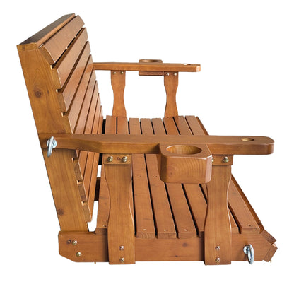 Fortune Candy Extended 3-Seater Wooden Porch Swing with Seat Cushion, Cup Holders, Hanging Chains and 7mm Springs, Heavy Duty 880 LBS (Warm Teak, 5.5 FT)