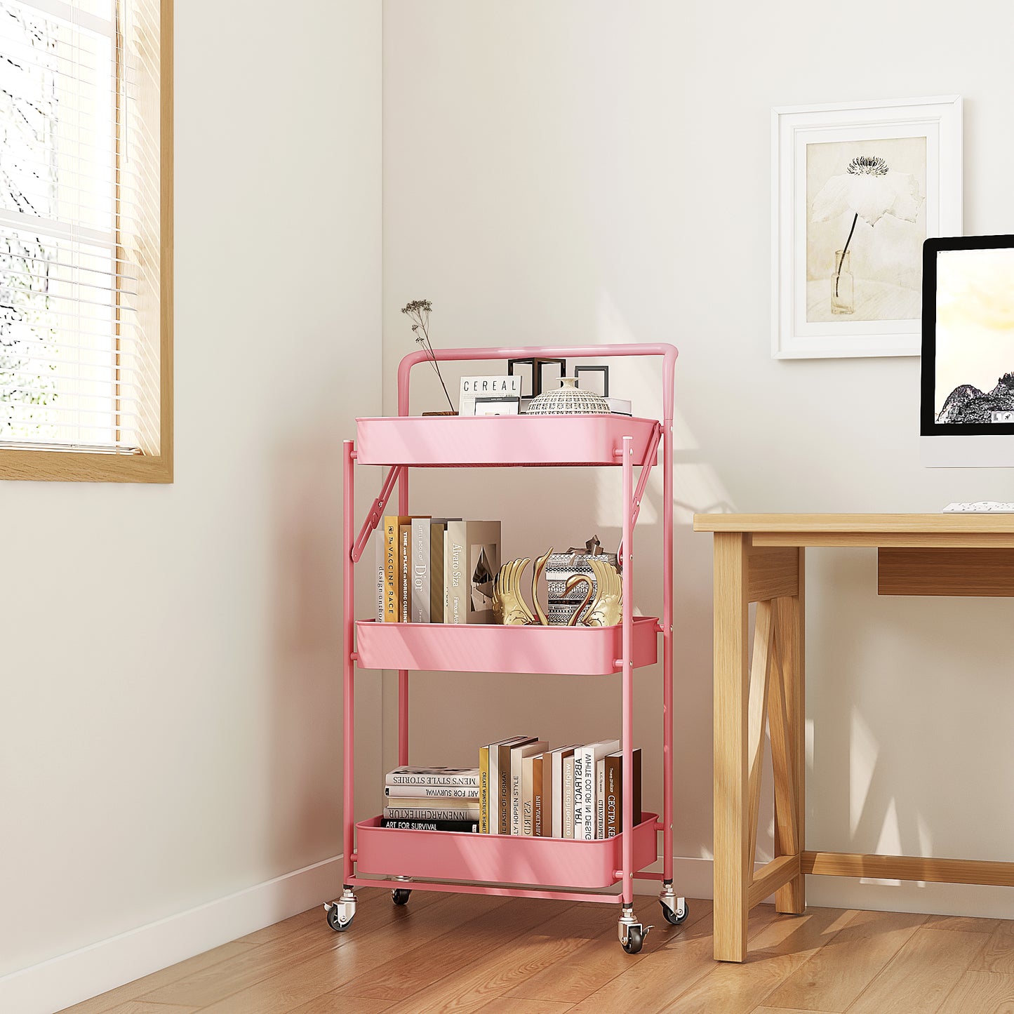 Fortune Candy Foldable 3-Tier Rolling Utility Cart, No-Assembly Multipurpose Storage Organizer with Handle for Home or Office, Pink