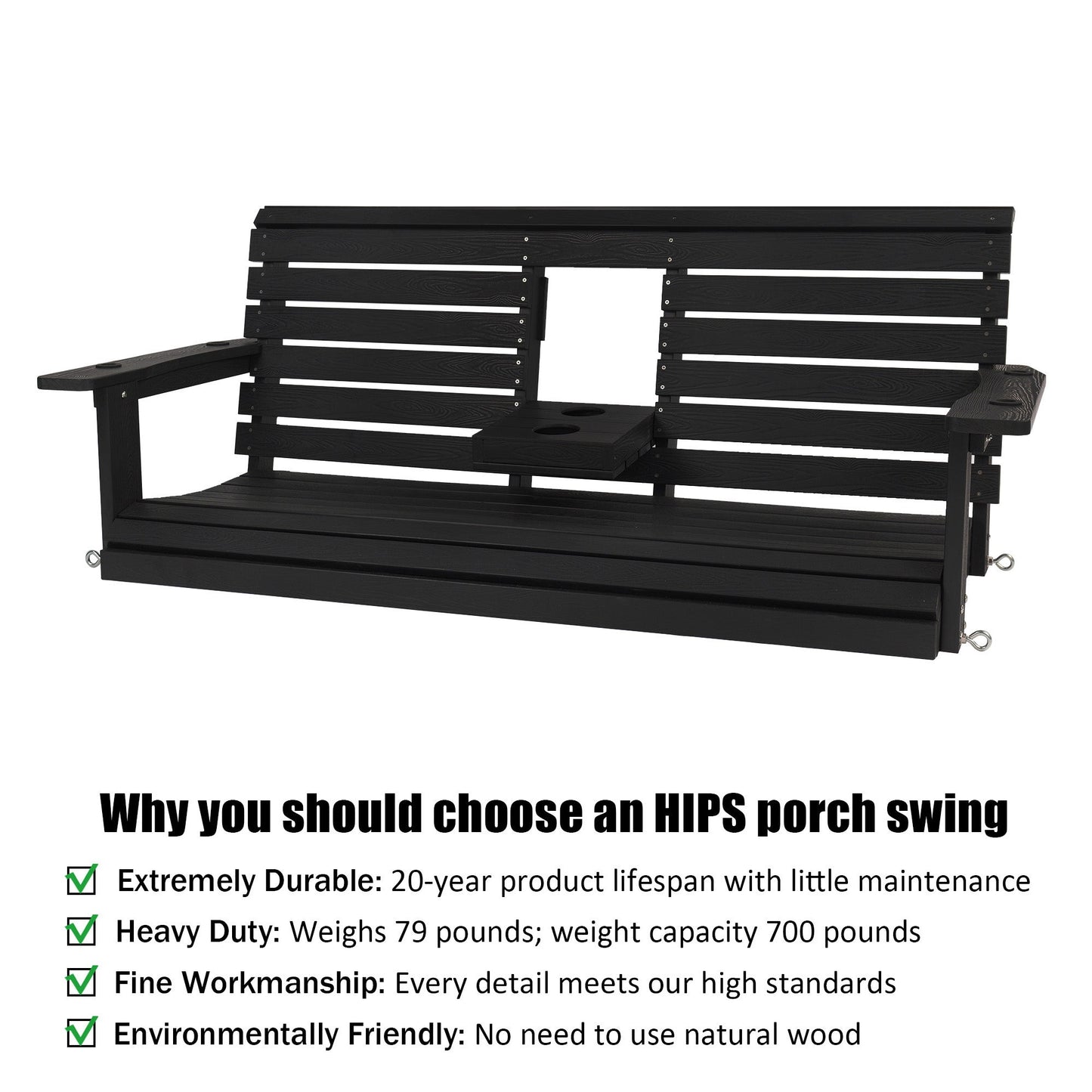Poly Lumber 3-Seat Porch Swing, HIPS 5-Feet Bench Swing with Foldable Cup Holders,18/8 Stainless Steel Hardware, High Backrest and Deep Contoured Seat, Carbon Black