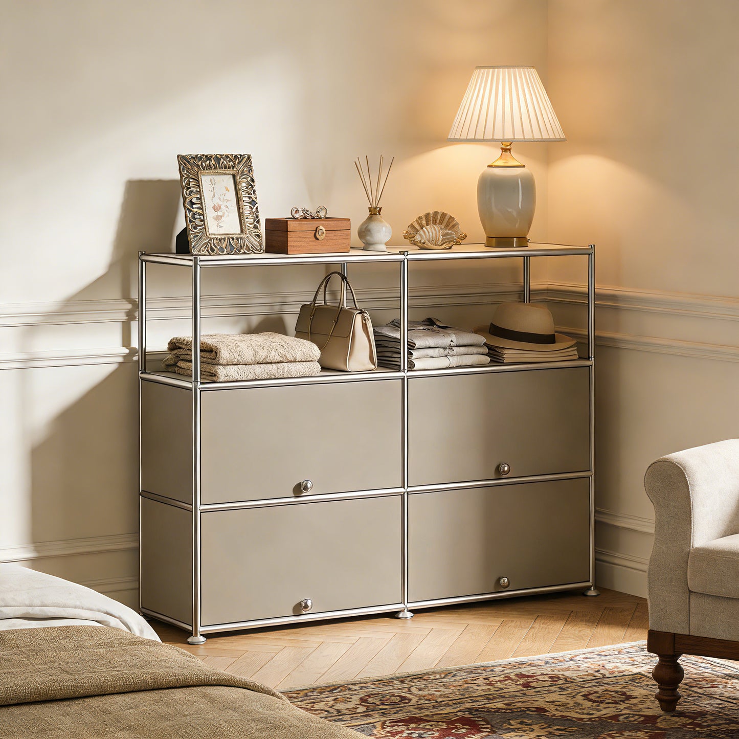 Fortune Candy 4-Door Modular Metal Sideboard with Open Shelf, Modern Twin-Row Grid Cabinet for Dining or Living Room, Office, Light Gray