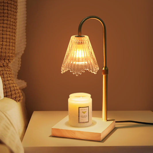 Fortune Candy Flameless Fragrant Candle Melter, Adjustment Knob, Dimmer & Timer, Wooden Base (Vintage-inspired Fluted Shade)