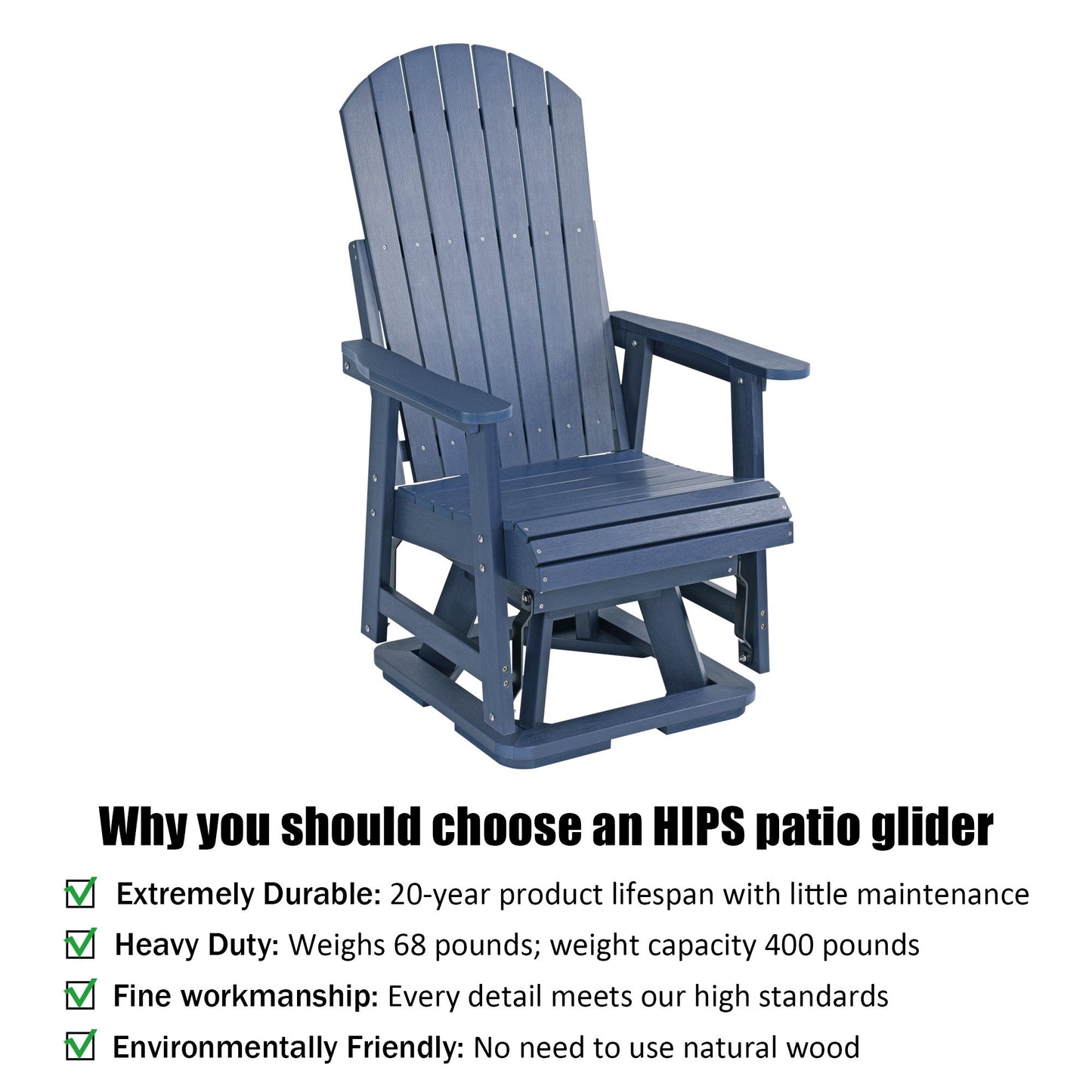 Poly Lumber Swivel Patio Glider, Durable HIPS Material, Weather Resistant, for Outdoor, Patio, Porch, Yard (Navy Blue)