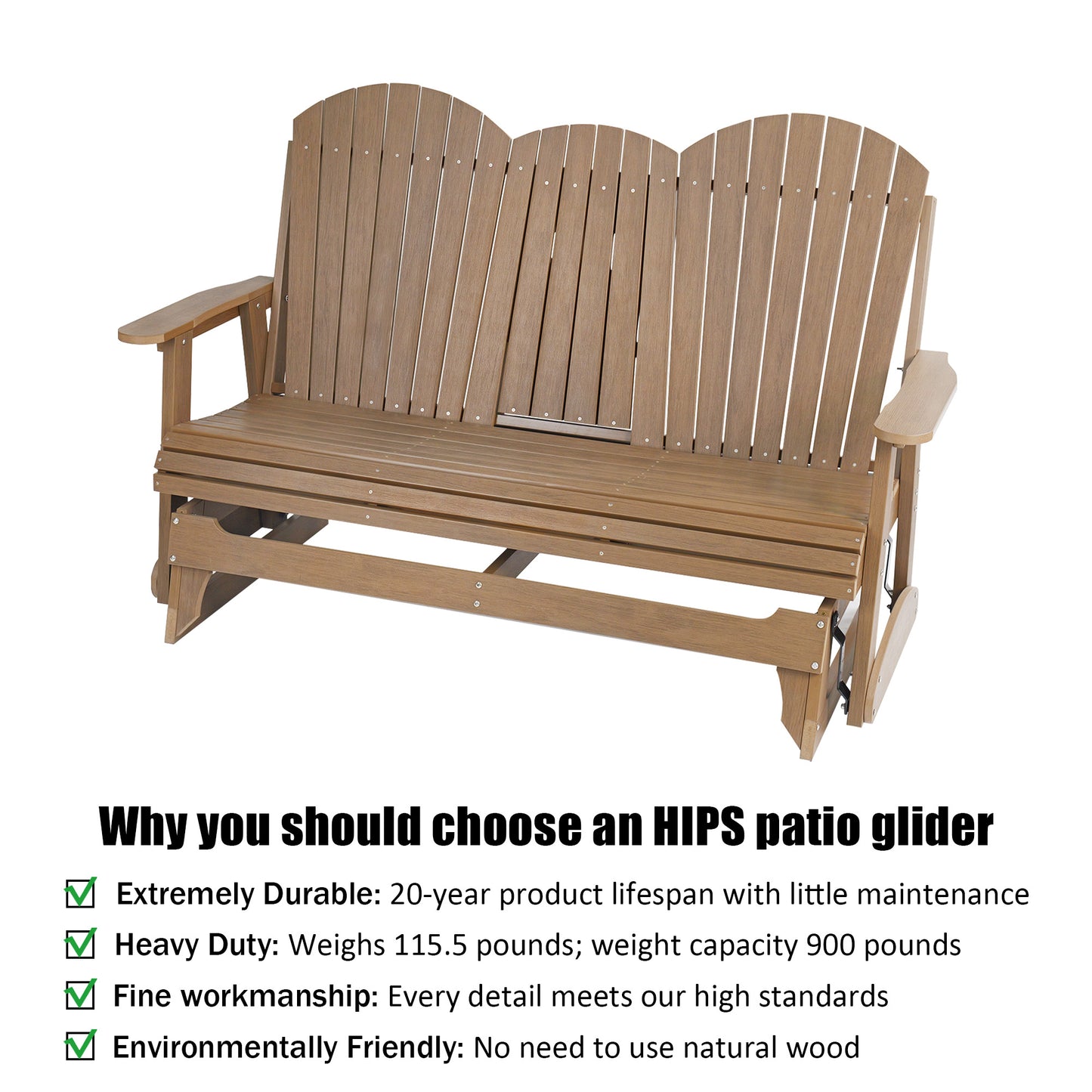 Fortune Candy 67.5 in Poly Lumber Plastic Patio Glider with Cup Holders, Brown, High Backrest and 900 lbs Weight Capacity, 3-Person