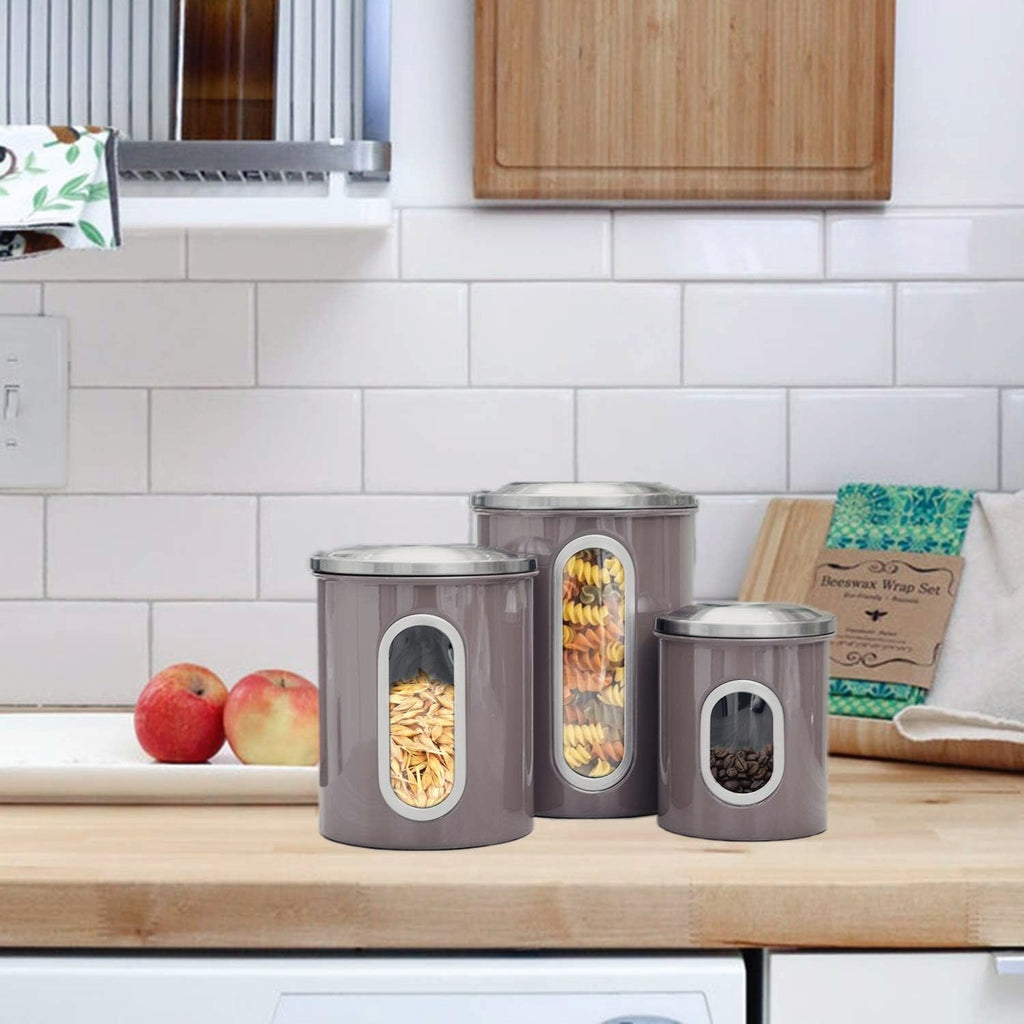 Fortune Candy 3 PCS Stainless Steel Canister Set with Anti-Fingerprint Lids & Visible Windows, Multipurpose Food Storage for Kitchen or Travel (Brown)