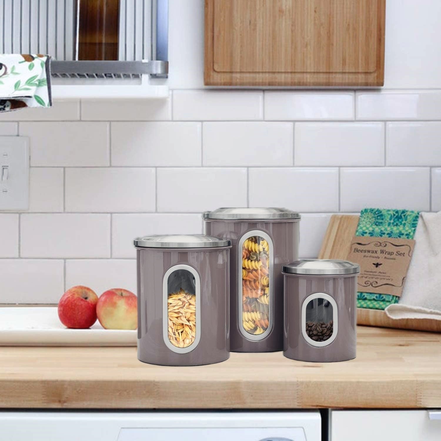 Fortune Candy 3 PCS Stainless Steel Canister Set with Anti-Fingerprint Lids & Visible Windows, Multipurpose Food Storage for Kitchen or Travel (Brown)