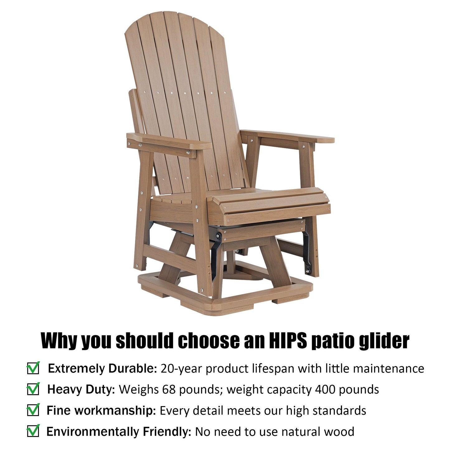 HIPS Swivel Patio Glider, Poly Lumber Weather Resistant Outdoor Chair, for Patio, Porch, Yard (Brown)