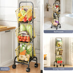 Fortune Candy 3-Tier Metal Rolling Storage Basket Cart, Black Gold Utility Organizer with Wheels for Books, Toys, Food, Vegetables, and More