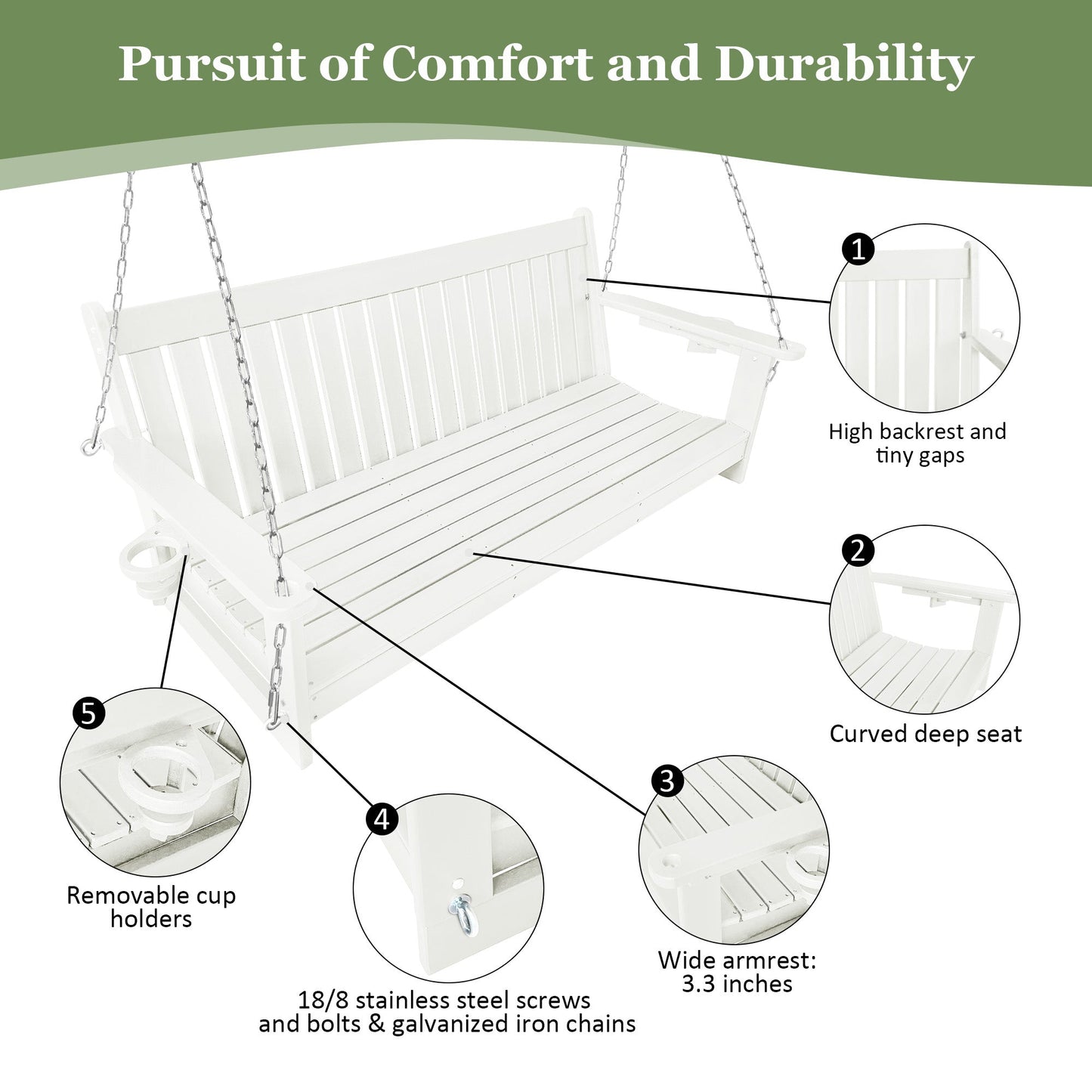 HDPE 3-Seater Porch Swing, 5-Feet Bench Swing with Foldable Cup Holders,18/8 Stainless Steel Hardware, High Backrest and Deep Contoured Seat (White, 5-feet)