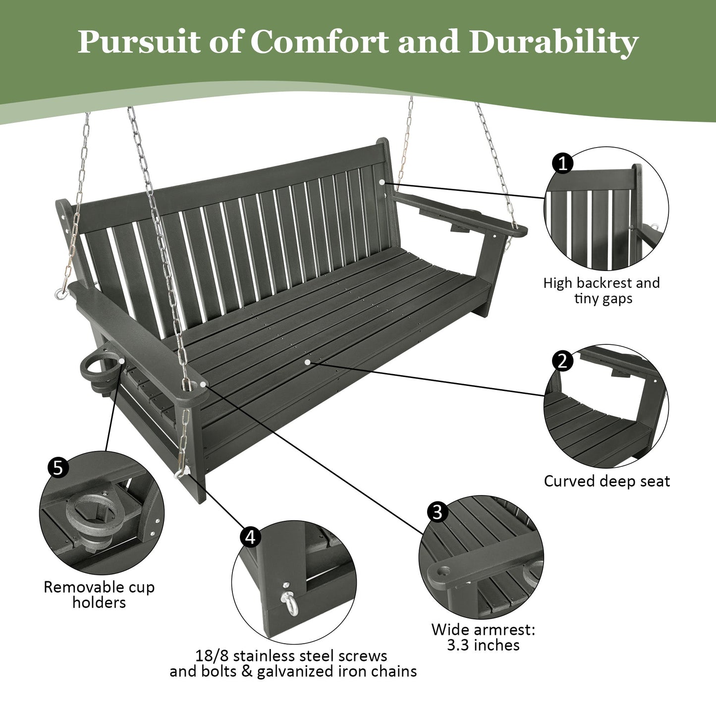HDPE 3-Seater Porch Swing, 5-Feet Bench Swing with Foldable Cup Holders,18/8 Stainless Steel Hardware, High Backrest and Deep Contoured Seat (Gray, 5-feet)