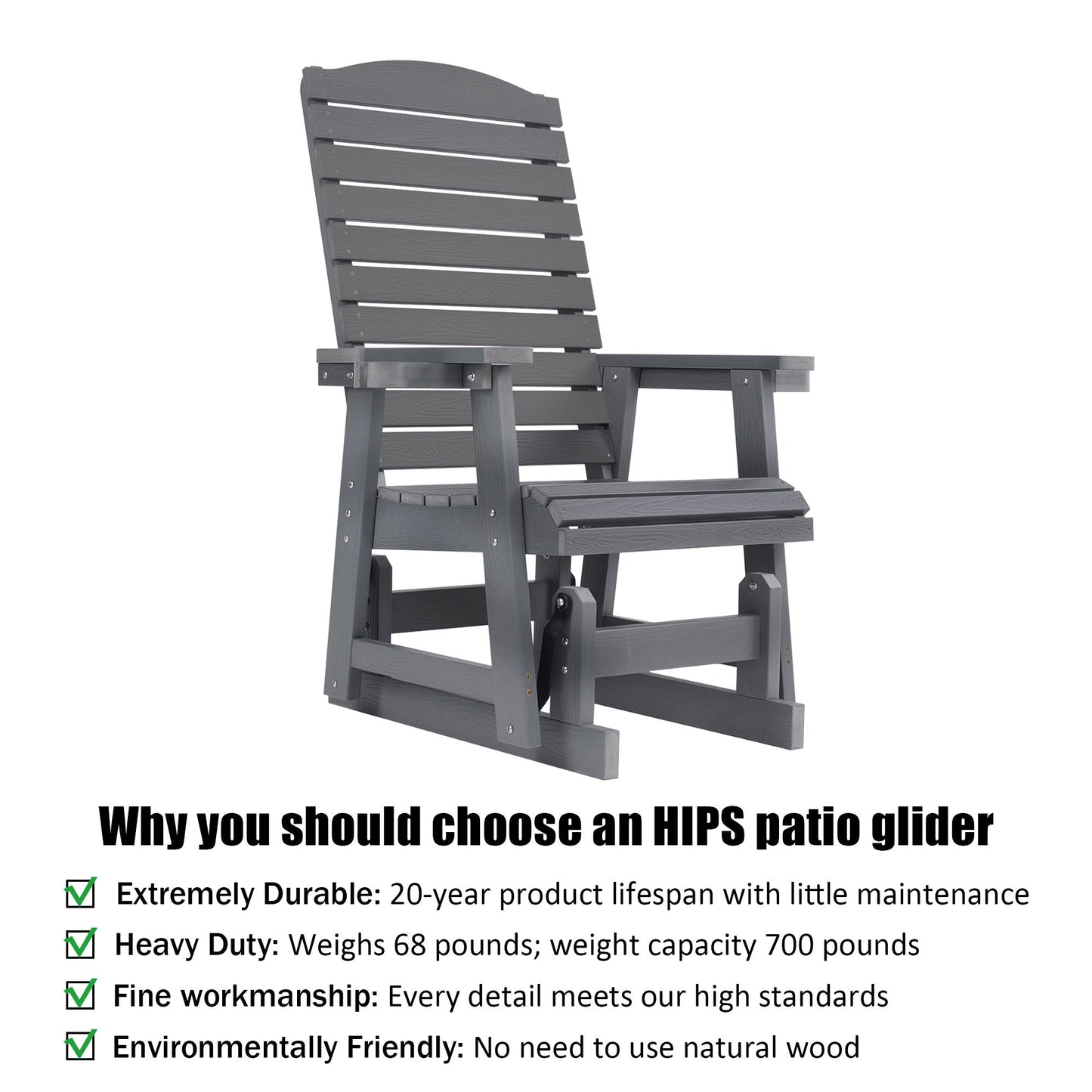 Poly Lumber Patio Glider for One Person, with Cup Holders, High Backrest and Deep Contoured Seat, HIPS Material, All-Weather Resistant, Heavy Duty 700 Pounds (Classic Gray)