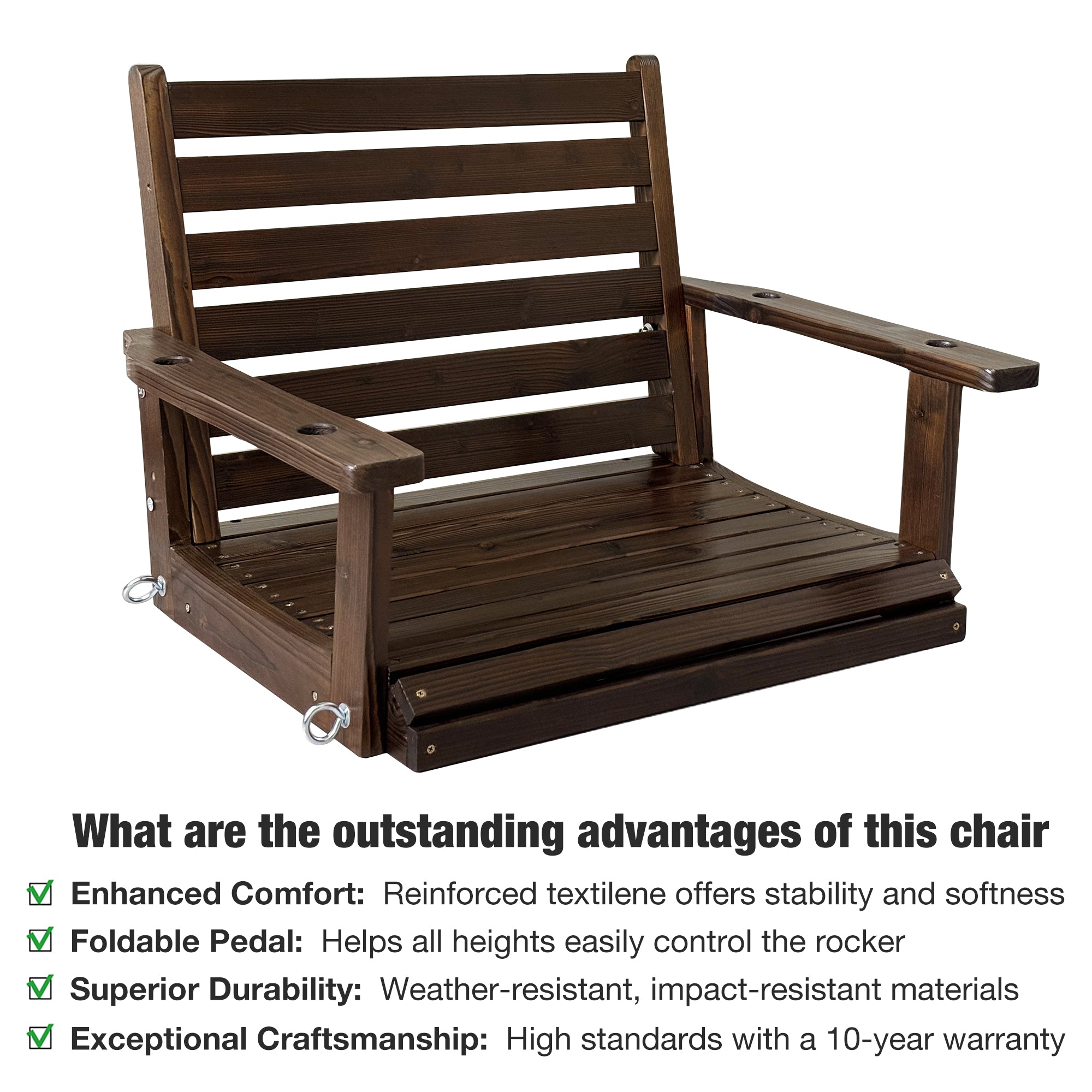 Fortune Candy Wooden Porch Swing 1-Seater, Ergonomic Seat, Bench Swing with Hanging Chains, for Outdoor Patio Garden Yard (Deep Brown)