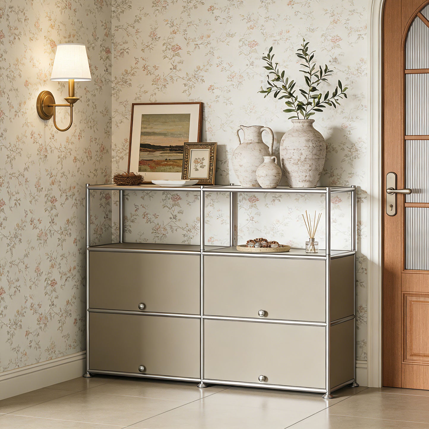 Fortune Candy 4-Door Modular Metal Sideboard with Open Shelf, Modern Twin-Row Grid Cabinet for Dining or Living Room, Office, Light Gray