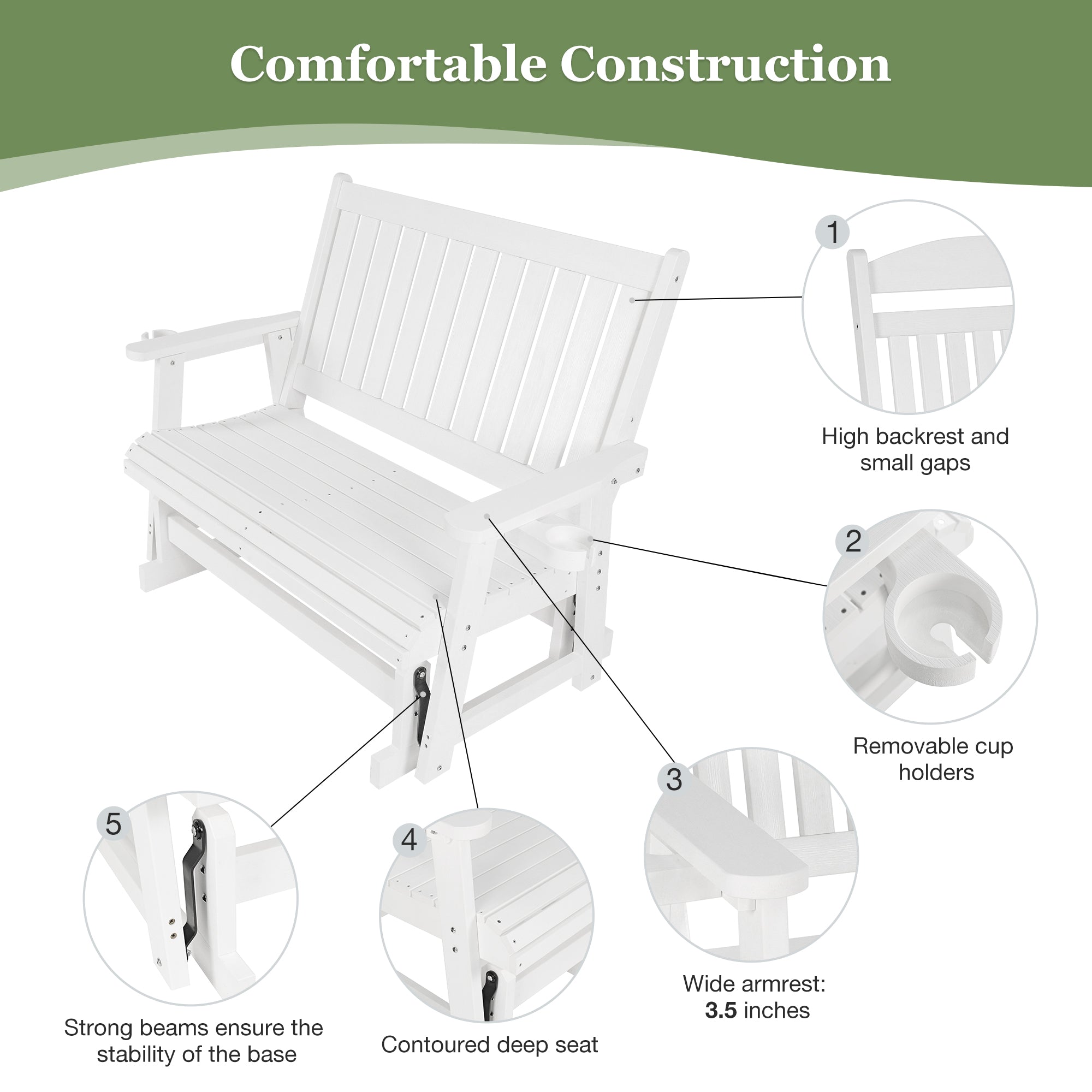 Fortune Candy Poly Lumber Patio Glider  2 Seater with Ergonomic Deep Seat, High Backrest, Cup Holders, for Outdoor Garden, Yard, or Deck