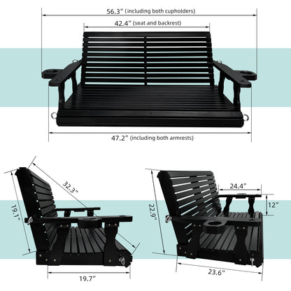 Fortune Candy 4 ft. Wooden Porch Swing 2-Seater for Outdoor Patio Garden Yard (Black)