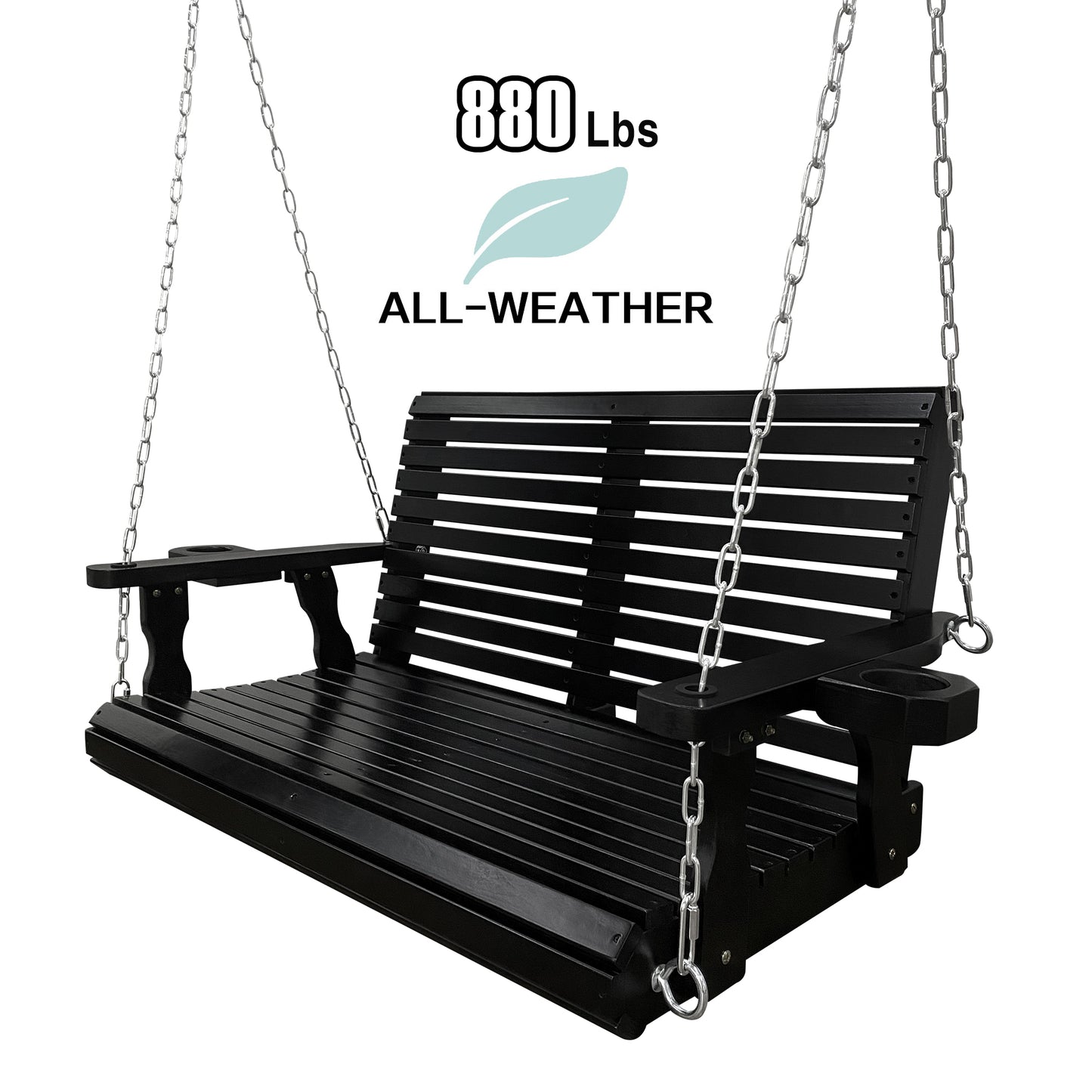 Fortune Candy 4 ft. Wooden Porch Swing 2-Seater for Outdoor Patio Garden Yard (Black)