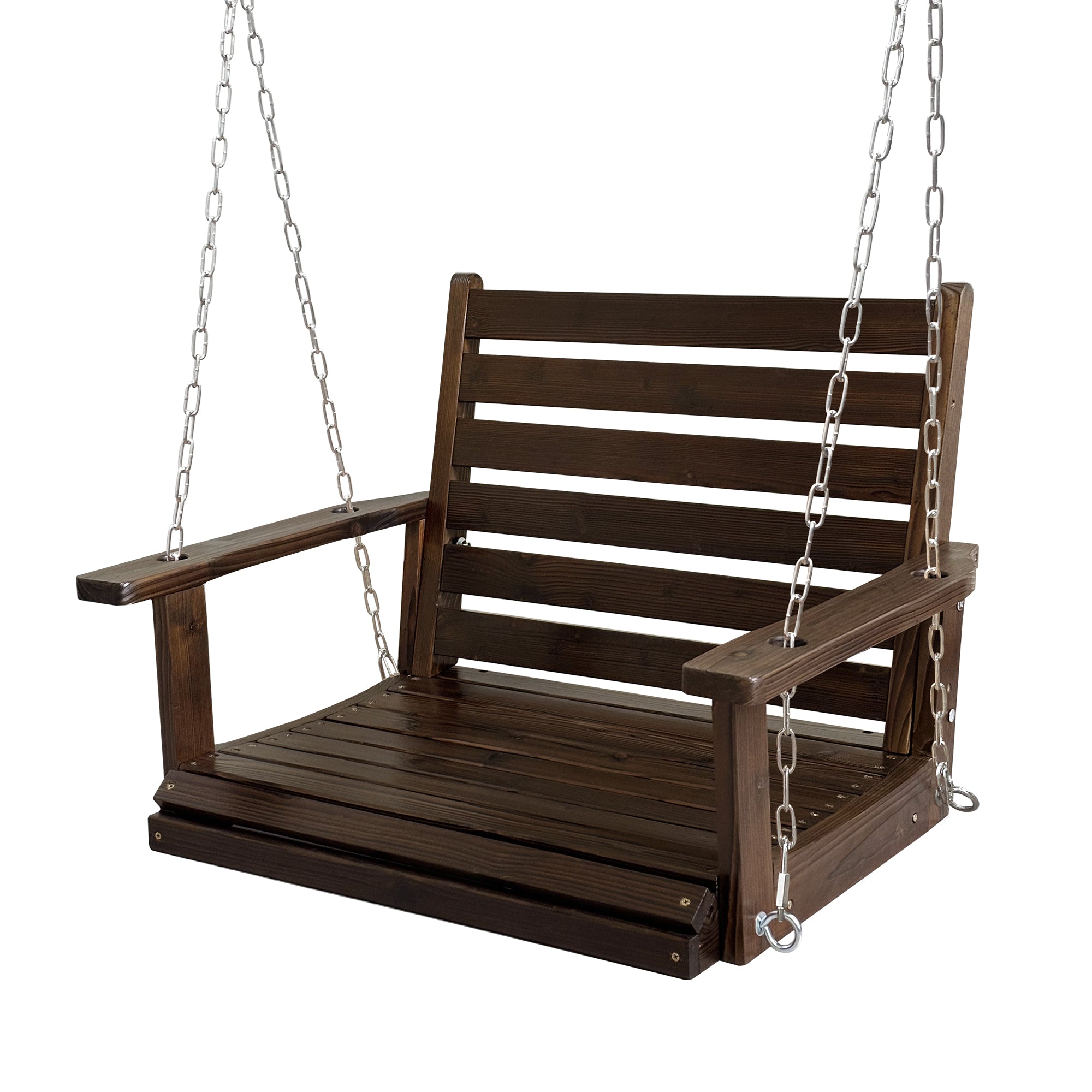 Fortune Candy Wooden Porch Swing 1-Seater, Ergonomic Seat, Bench Swing with Hanging Chains, for Outdoor Patio Garden Yard (Deep Brown)