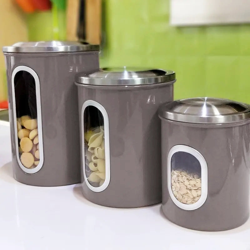 Fortune Candy 3 PCS Stainless Steel Canister Set with Anti-Fingerprint Lids & Visible Windows, Multipurpose Food Storage for Kitchen or Travel (Brown)