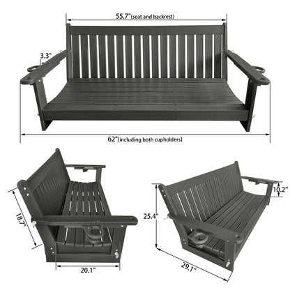 HDPE 3-Seater Porch Swing, 5-Feet Bench Swing with Foldable Cup Holders,18/8 Stainless Steel Hardware, High Backrest and Deep Contoured Seat (Gray, 5-feet)