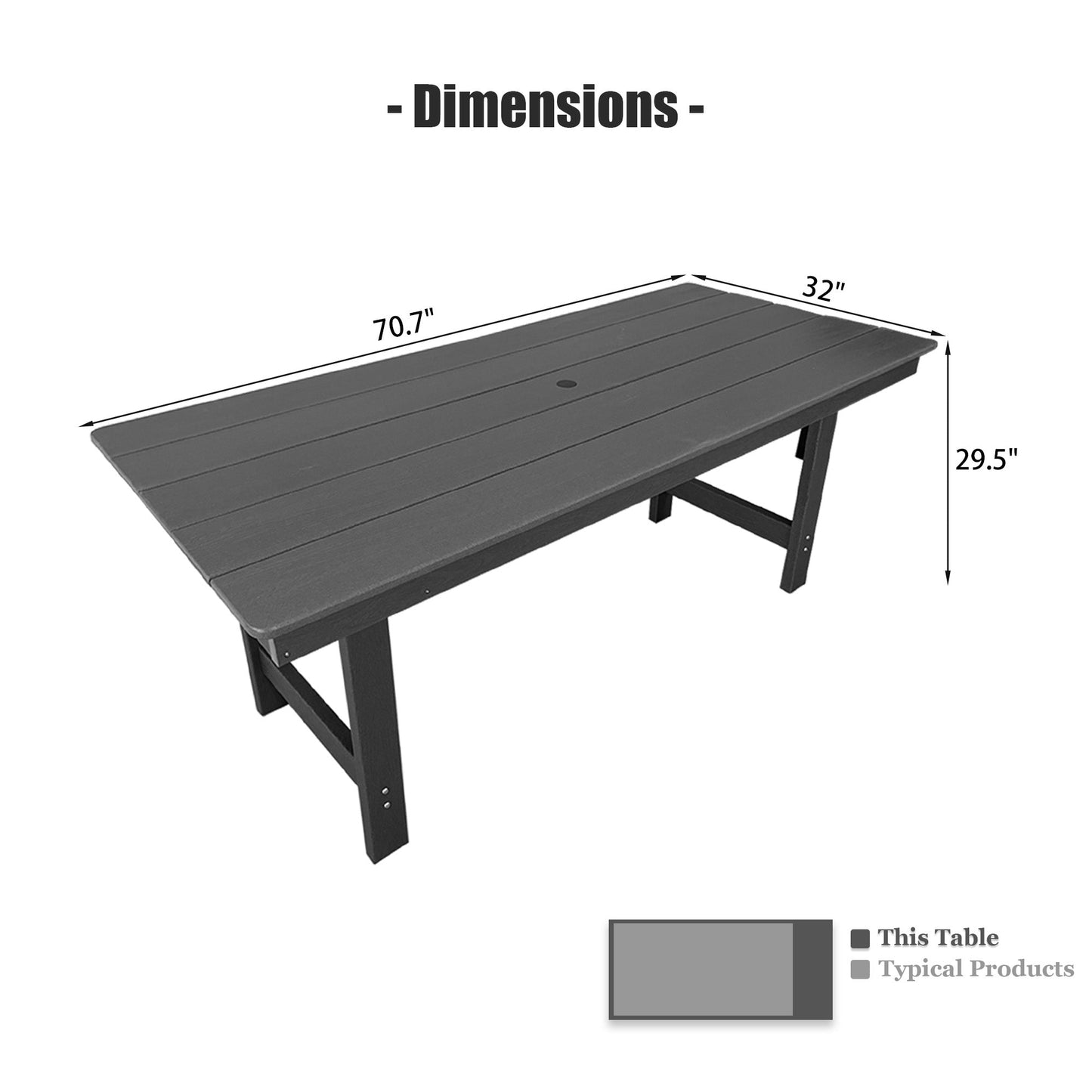 HDPE Patio Dining Table, with Umbrella Hole, Weather Resistant, for Outdoor, Garden, Yard (1 Piece - 70.7'' Table)
