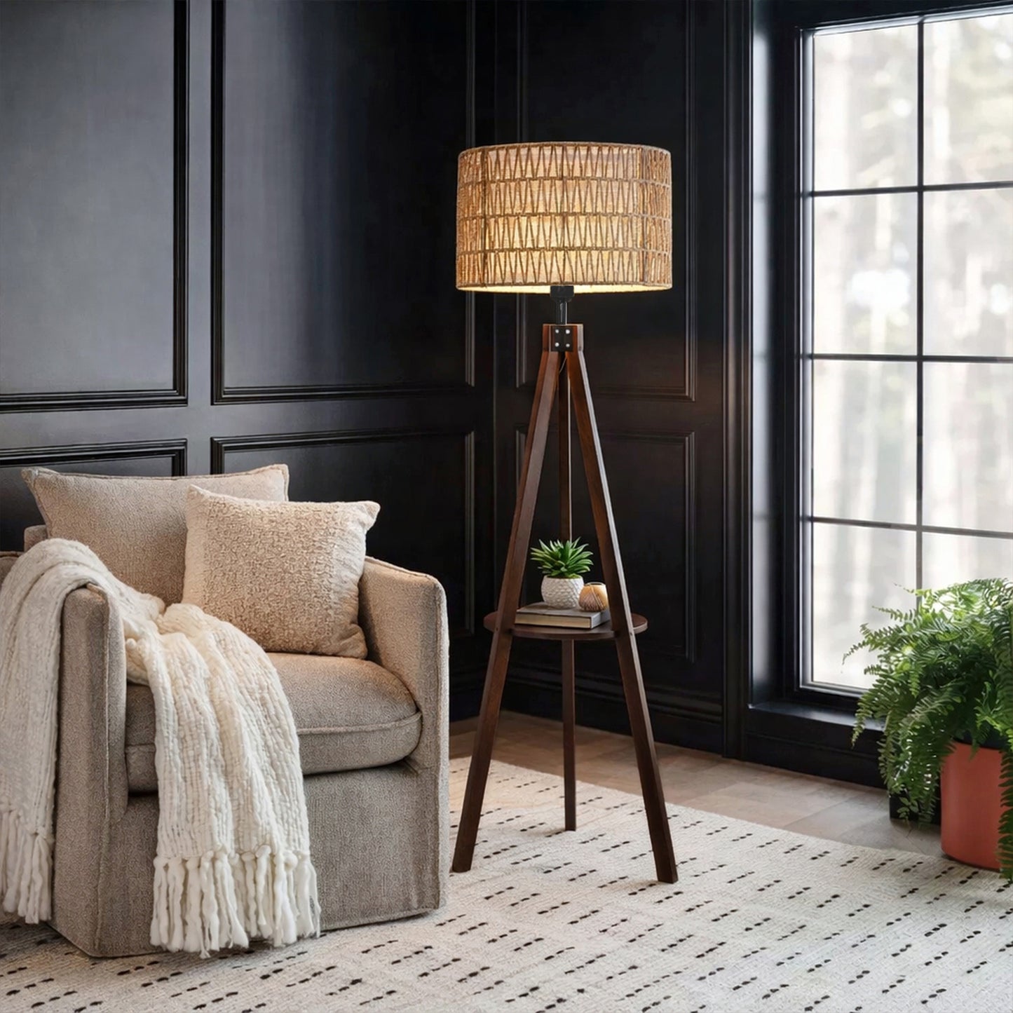 Fortune Candy 59'' Tall Boho Tripod Floor Lamp, Mid-Century Modern Wood Standing Lamp with Rattan and Fabric Shades for Home, 1 Pallet - Foot Switch