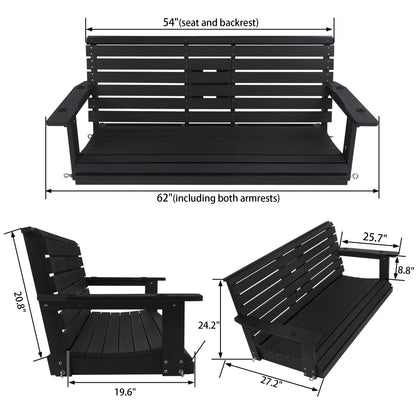 Poly Lumber 3-Seat Porch Swing, HIPS 5-Feet Bench Swing with Foldable Cup Holders,18/8 Stainless Steel Hardware, High Backrest and Deep Contoured Seat, Carbon Black