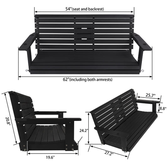 Poly Lumber 3-Seat Porch Swing, HIPS 5-Feet Bench Swing with Foldable Cup Holders,18/8 Stainless Steel Hardware, High Backrest and Deep Contoured Seat, Carbon Black