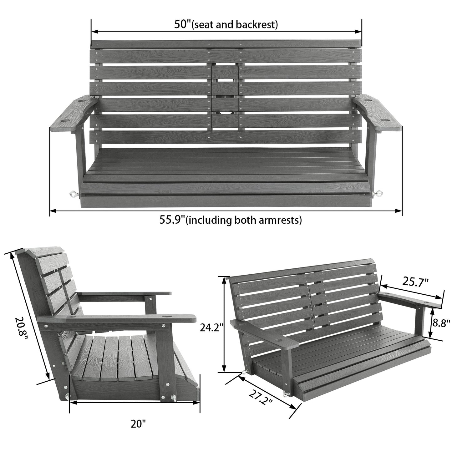 Poly Lumber 2-Seat Porch Swing, HIPS 4.5-Feet Bench Swing with Foldable Cup Holders,18/8 Stainless Steel Hardware, High Backrest and Deep Contoured Seat (Gray, 4.5-feet)