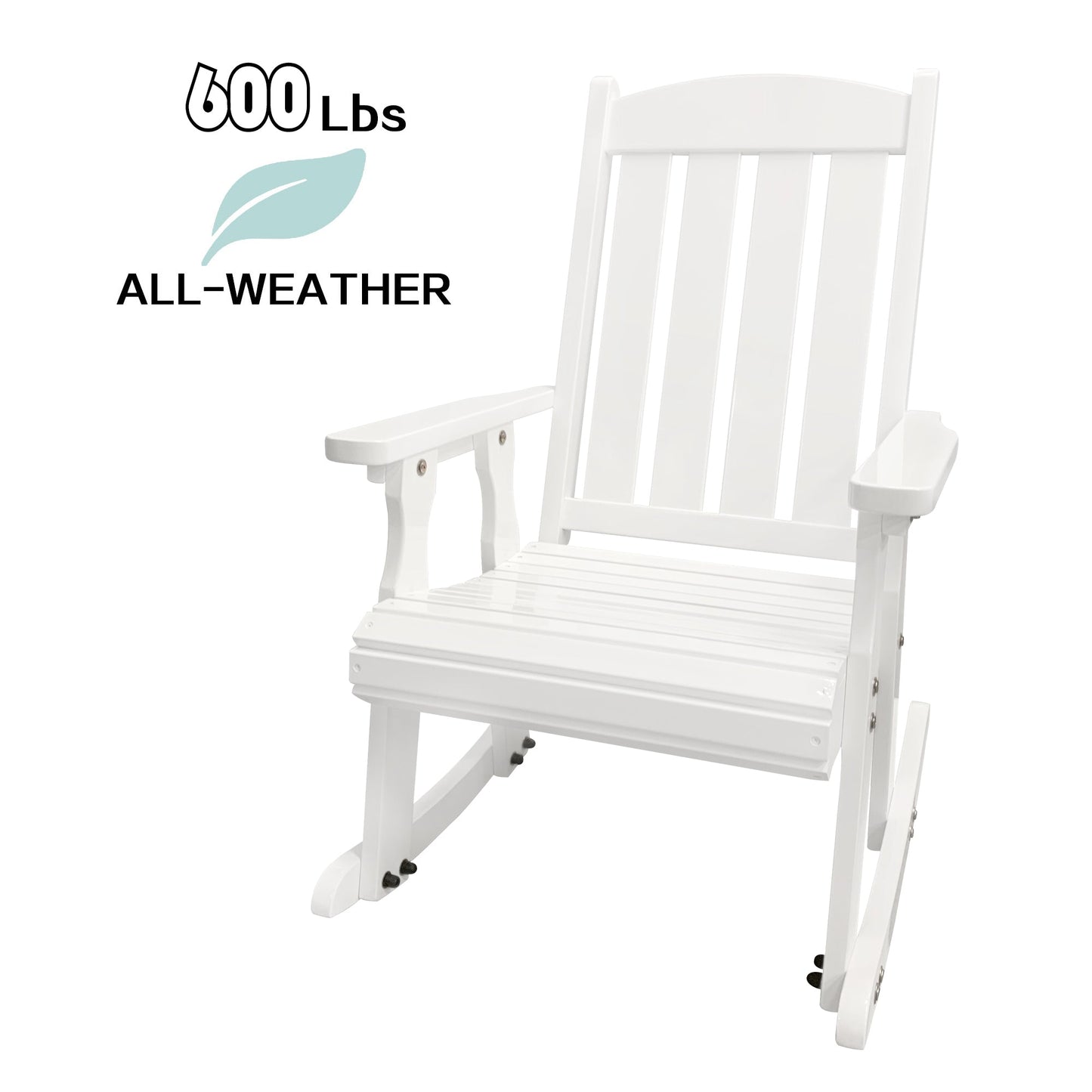 Wooden Patio Rocking Chair with Comfortable Backrest Inclination, High Backrest and Deep Contoured Seat, Solid Fir Wood, Heavy Duty 600 LBS, for Both Outdoor and Indoor (White - 3 Pieces)