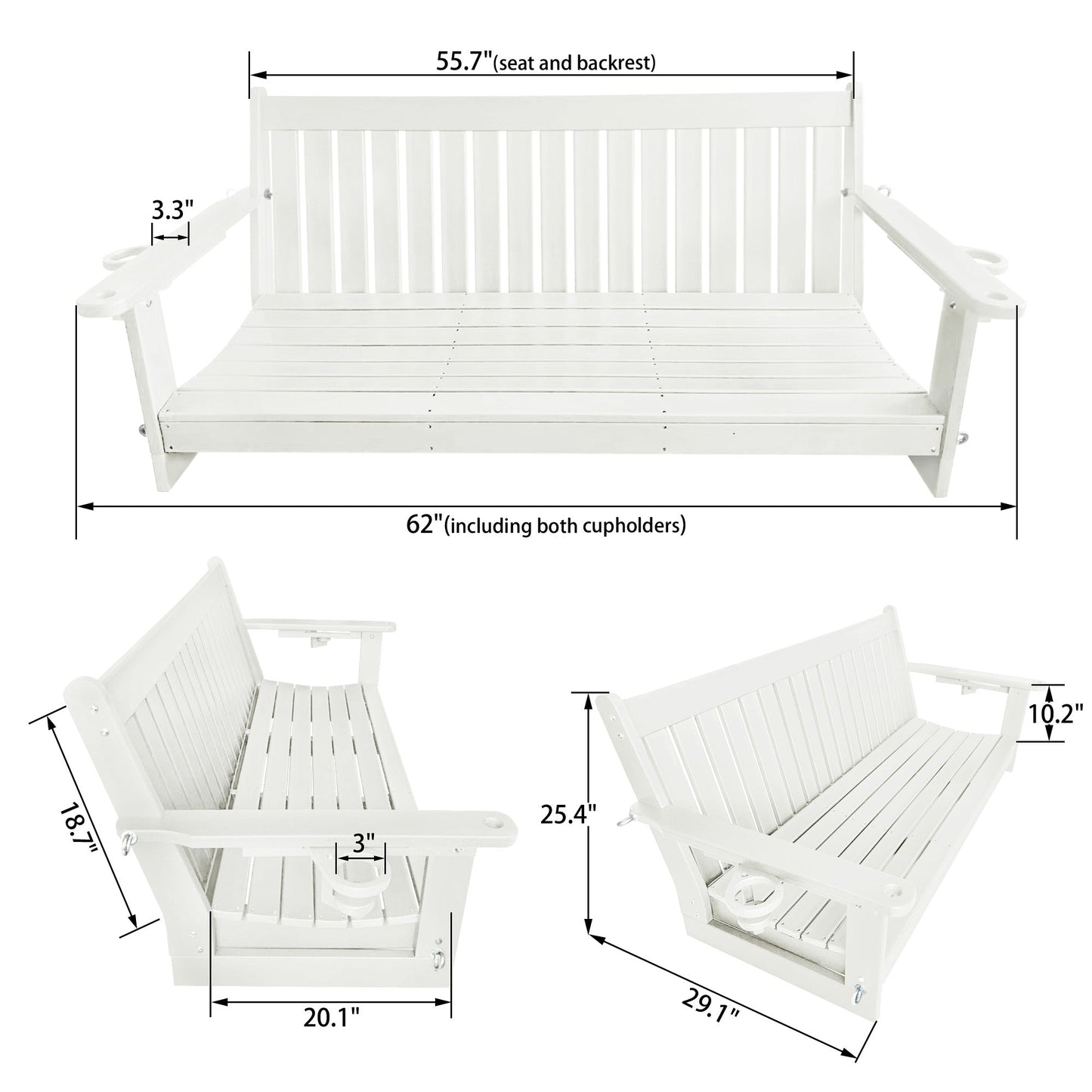 HDPE 3-Seater Porch Swing, 5-Feet Bench Swing with Foldable Cup Holders,18/8 Stainless Steel Hardware, High Backrest and Deep Contoured Seat (White, 5-feet)