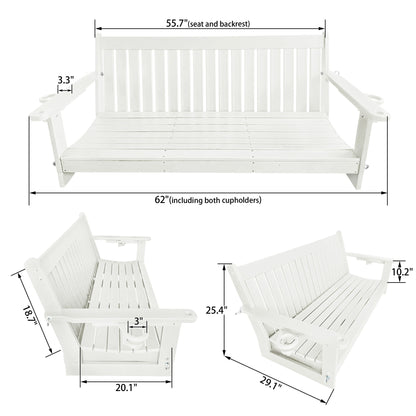 HDPE 3-Seater Porch Swing, 5-Feet Bench Swing with Foldable Cup Holders,18/8 Stainless Steel Hardware, High Backrest and Deep Contoured Seat (White, 5-feet)