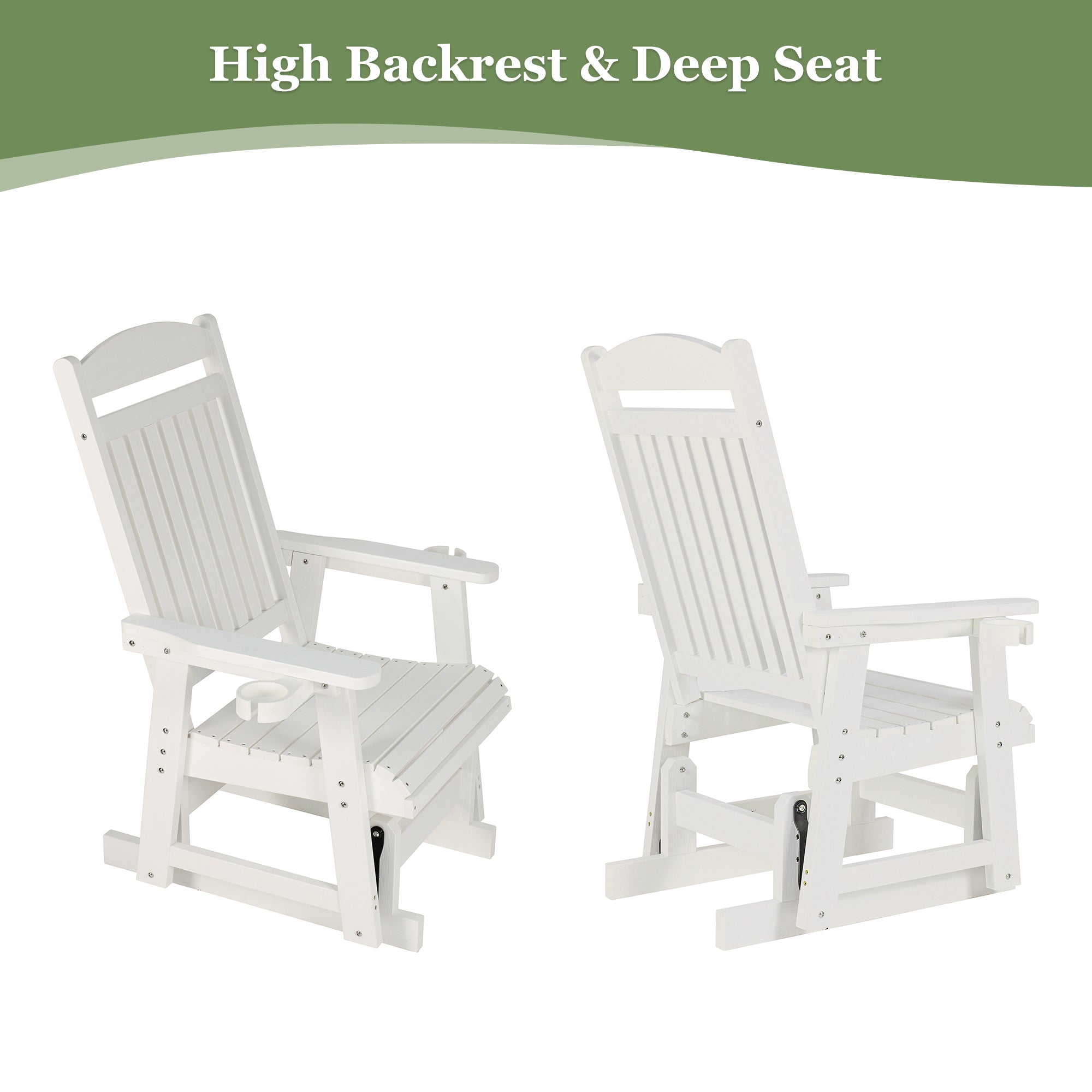 Fortune Candy 1-Person Poly Lumber Patio Glider, with Cup Holders, High Backrest and Deep Contoured Seat, HIPS Material (White)