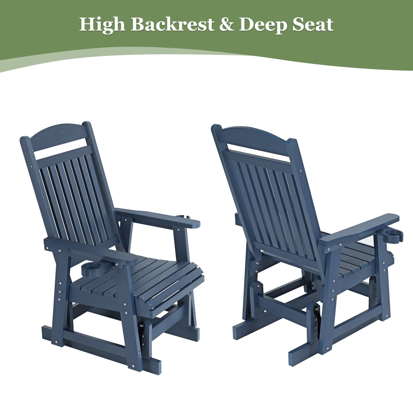 Fortune Candy 1 Person Poly Lumber Patio Glider, with Cup Holders, High Backrest and Deep Contoured Seat, HIPS Material (Navy Blue)