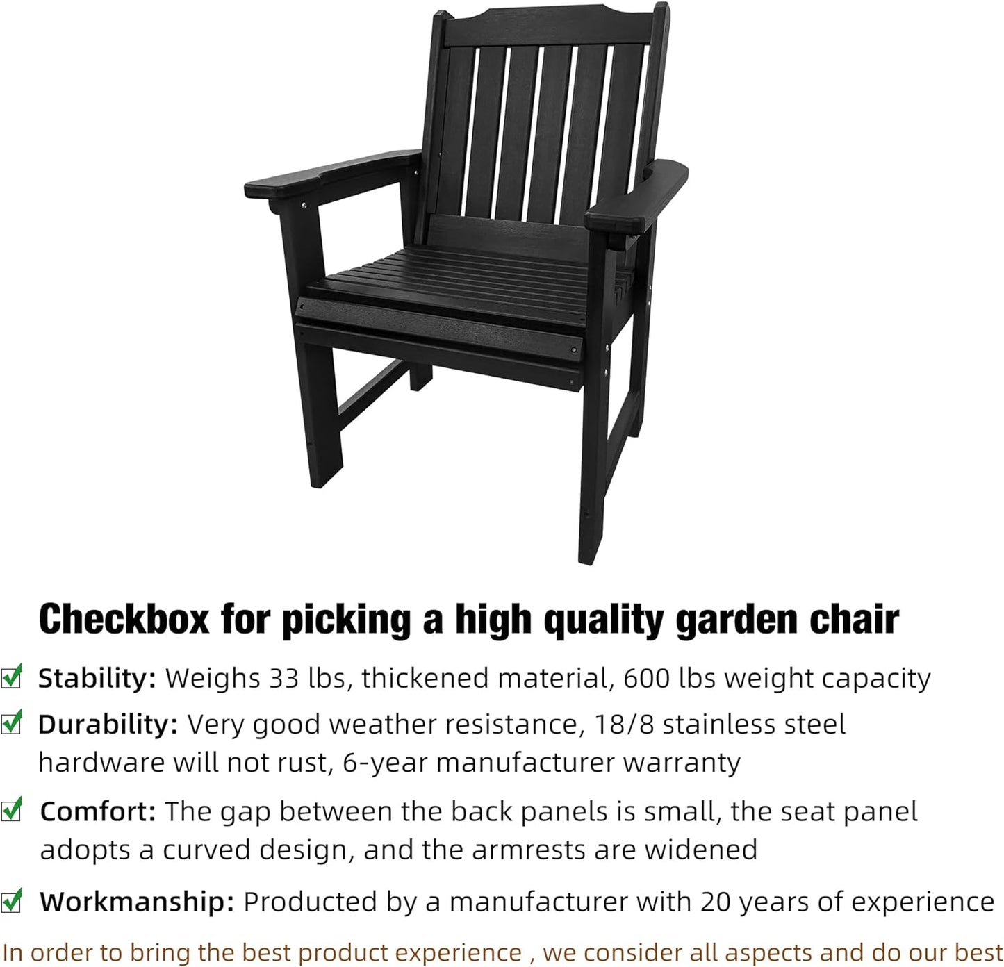 HDPE Patio Dining Chair, Outdoor Chair with 18/8 Stainless Steel Hardware, Heavy Duty 600 LBS, for Outdoor Patio Garden Yard (Carbon Black)