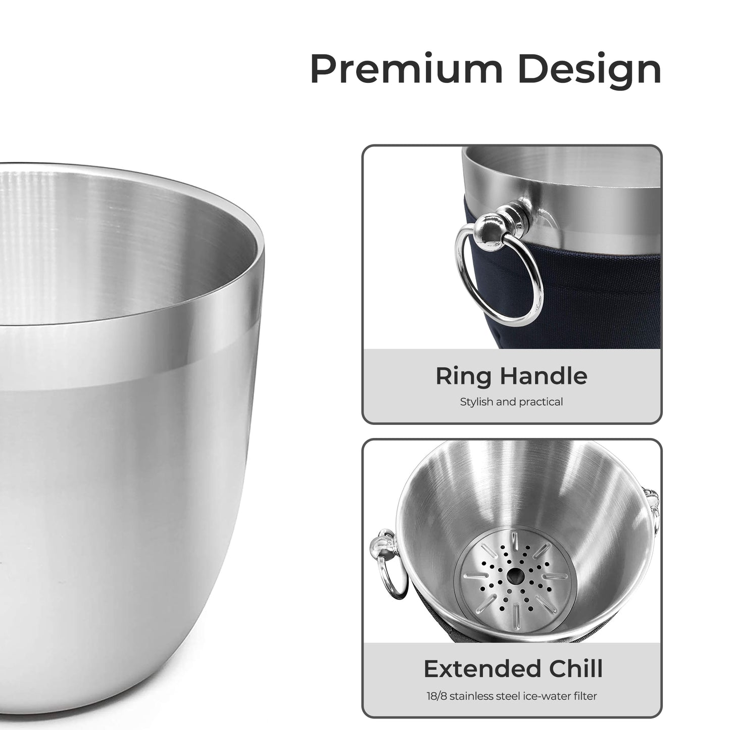 Fortune Candy 2.8 L Double Wall Stainless Steel Ice Bucket, with Tongs, Scoop and Holder, Navy Blue